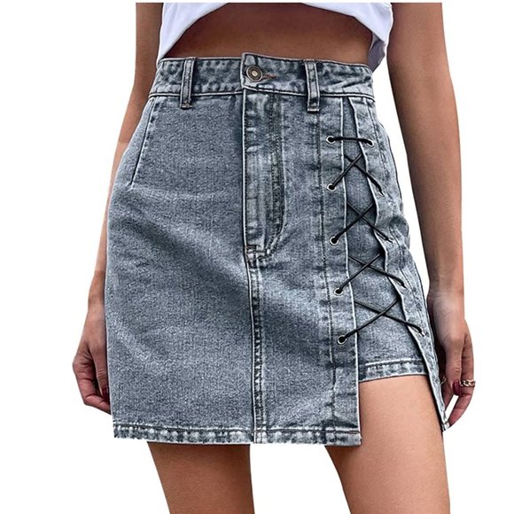 Dresses & Skirts - Light Wash Lace Up Denim High Waist Asymmetrical Cut Out Jean Mini Pencil Skirt